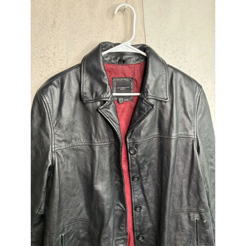 Colebrook & Co Black Leather Jacket Mens XL Button Front Burgundy Lining 8215